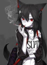 Rule 34 | 1girl, absurdres, animal ear fluff, animal ears, backpack, bag, bare shoulders, belt collar, black collar, black hair, black jacket, breasts, cigarette, closed mouth, clothes writing, collar, collarbone, colored skin, commentary request, grey background, grey skin, hair between eyes, hand up, highres, hitoshi, holding, holding cigarette, hood, hood down, hooded jacket, imaizumi kagerou, jacket, long hair, looking at viewer, off shoulder, open clothes, open jacket, red eyes, shirt, small breasts, smoke, smoking, solo, tail, tail raised, touhou, very long hair, white shirt, white skin, wolf ears, wolf girl, wolf tail