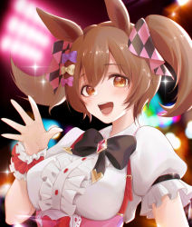 Rule 34 | 1girl, :d, absurdres, animal ears, black bow, blurry, blurry background, blush, bow, breasts, brown eyes, brown hair, center frills, commentary request, depth of field, frills, hair between eyes, hair bow, hand up, highres, horse ears, koriku, looking at viewer, medium breasts, open mouth, pink bow, puffy short sleeves, puffy sleeves, purple bow, shirt, short sleeves, smart falcon (umamusume), smile, solo, twintails, umamusume, upper body, white shirt, wrist cuffs, yellow bow