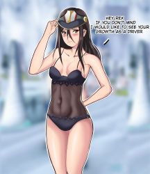 Rule 34 | 1girl, adapted costume, arm behind back, bare arms, bare shoulders, bikini, black bikini, black hair, blush, breasts, brown eyes, closed mouth, collarbone, english text, hair between eyes, hand on headwear, hand up, highres, lepypepy, lips, long hair, morag ladair (obligatory leave) (xenoblade), morag ladair (xenoblade), navel, nintendo, shiny skin, sidelocks, small breasts, solo, standing, swimsuit, thighs, visor cap, xenoblade chronicles (series), xenoblade chronicles 2