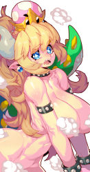Rule 34 | 1girl, absurdres, black collar, blonde hair, blue eyes, bowsette, bracelet, breasts, collar, convenient censoring, crown, earrings, fengmo, highres, horns, jewelry, large breasts, long hair, looking at viewer, mario (series), navel, new super mario bros. u deluxe, nintendo, nude, open mouth, pointy ears, sharp teeth, solo, spade-shaped pupils, steam, steam censor, studded armlet, studded bracelet, studded collar, super crown, symbol-shaped pupils, tail, teeth, toned