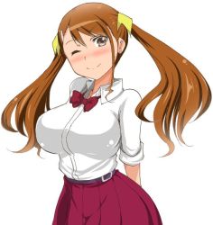 Rule 34 | 10s, 1girl, anjou naruko, ano hi mita hana no namae wo bokutachi wa mada shiranai., aoiakira553, blush, bow, bowtie, breasts, brown eyes, brown hair, ear piercing, earrings, female focus, hair ornament, jewelry, large breasts, long hair, looking at viewer, one eye closed, piercing, school uniform, simple background, skirt, sleeves rolled up, smile, solo, stud earrings, twintails, upper body, white background