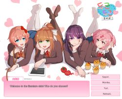 Rule 34 | 4girls, black socks, blazer, blue eyes, blue skirt, blunt bangs, bow, brown hair, choice, doki doki literature club, english text, food, frown, green eyes, hair bow, hair ribbon, hand on own chin, head rest, heart, heart background, holding, imjayu, jacket, kneehighs, knife, legs up, long hair, long sleeves, looking at viewer, lying, monika (doki doki literature club), muffin, multiple girls, natsuki (doki doki literature club), noose, on stomach, open mouth, pantyhose, pink eyes, pink hair, plantar flexion, ponytail, purple eyes, purple hair, red bow, red neckwear, red ribbon, ribbon, sayori (doki doki literature club), short hair, skirt, smile, socks, spoilers, tablet pc, the pose, tomato, twintails, twitter username, white bow, white footwear, yuri (doki doki literature club)