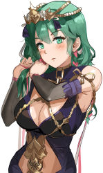 Rule 34 | 1girl, absurdres, braid, braiding hair, breasts, byleth (female) (fire emblem), byleth (fire emblem), cleavage, cosplay, fire emblem, fire emblem: three houses, green eyes, green hair, hair ornament, hairdressing, highres, large breasts, nintendo, ormille, parted lips, ribbon braid, simple background, solo, sothis (fire emblem), sothis (fire emblem) (cosplay), tiara, upper body, white background