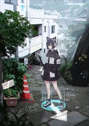 Rule 34 | 1girl, absurdres, animal ears, arrow (symbol), black gloves, black hair, black jacket, brown eyes, cat ears, cat girl, cat tail, commentary request, day, gloves, headphones, highres, holding, holding paper, jacket, original, outdoors, paper, plant, potted plant, railing, road, sakeharasu, short hair, solo, stairs, street, tail, traffic cone