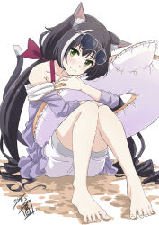 Rule 34 | 1girl, absurdres, animal ear fluff, animal ears, artist logo, bare shoulders, barefoot, black hair, blush, cat ears, cat girl, cat tail, closed mouth, dated, eyewear on head, frown, full body, head tilt, highres, holding, holding swim ring, innertube, jacket, karyl (princess connect!), karyl (summer) (princess connect!), knees up, long hair, looking at viewer, low twintails, multicolored hair, off shoulder, princess connect!, purple jacket, sekiya kuzuyu, shorts, sitting, solo, streaked hair, sunglasses, swim ring, tail, toes, twintails, white background, white shorts