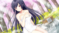 Rule 34 | 1girl, artist request, artwhirl mahou gakuen no otome-tachi, bare arms, black hair, breasts, cleavage, closed mouth, collarbone, dahlia (artwhirl), day, dutch angle, floating hair, game cg, large breasts, long hair, looking at viewer, naked towel, onsen, outdoors, red eyes, shiny skin, smile, solo, spring (season), straight hair, sunlight, towel, very long hair, zinno