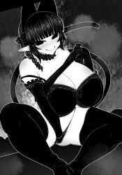 Rule 34 | 1girl, animal ears, blunt bangs, bow, bra, braid, breasts, cat ears, cat girl, cat tail, cleavage, closed mouth, commentary request, curvy, elbow gloves, extra ears, full body, gloves, greyscale, hair bow, haseru (ginku mh), huge breasts, kaenbyou rin, looking at viewer, medium hair, monochrome, multiple tails, nekomata, panties, pointy ears, side braids, smile, solo, tail, touhou, twin braids, two tails, underwear