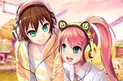Rule 34 | &gt;:), 1boy, 1girl, :d, arm grab, blurry, brown hair, character print, closed mouth, collarbone, collared shirt, day, depth of field, flower, green eyes, hana (pangya), headphones, high ponytail, hood, hoodie, house, kamdia, long hair, looking at another, necktie, nuri, open clothes, open hoodie, open mouth, orange hair, outdoors, pangya, plaid, plaid necktie, plaid neckwear, shirt, short hair, smile, v-shaped eyebrows, white shirt, windmill, wing collar