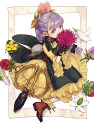 Rule 34 | 1girl, animal ears, berry, black bow, black gloves, blunt bangs, bow, braid, brown footwear, chain, cherico, dress, flower, food, frilled dress, frilled sleeves, frills, fruit, gloves, hair bow, highres, holding, holding flower, leaf, long hair, original, purple eyes, purple flower, purple hair, rabbit ears, rabbit girl, rabbit tail, scissors, sheath, sheathed, signature, solo, strawberry, tail, turtleneck, white flower, yellow dress, yellow flower