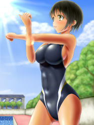 Rule 34 | 1girl, black hair, breasts, competition swimsuit, cowboy shot, green eyes, highres, large breasts, one-piece swimsuit, original, short hair, stretching, swimsuit, tama (tamakaka1031), yellow eyes