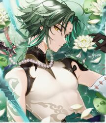 Rule 34 | 1boy, armor, eyeshadow, flower, from above, genshin impact, green hair, highres, jewelry, lily (flower), lily pad, looking at viewer, looking to the side, lying, makeup, male focus, miyumiyu nu, necklace, partially submerged, pauldrons, pearl necklace, red eyeshadow, shirt, short hair, shoulder armor, single pauldron, sleeveless, sleeveless shirt, solo, upper body, water, white shirt, xiao (genshin impact), yellow eyes