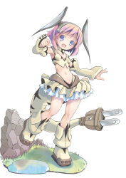 Rule 34 | 1girl, :d, absurdres, blue eyes, bob cut, boots, detached sleeves, electric plug, electric plug tail, female focus, frills, grass, hairband, highres, layered skirt, looking at viewer, loose socks, navel, open mouth, original, pink hair, pop (electromagneticwave), rock, simple background, skirt, smile, socks, solo, standing, standing on one leg, white background