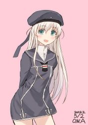 Rule 34 | 1girl, alternate hair length, alternate hairstyle, arms behind back, artist name, black neckerchief, blonde hair, blue eyes, clothes writing, dated, dress, grey dress, grey hat, grey sailor collar, hat, highres, kantai collection, long hair, neckerchief, one-hour drawing challenge, owa (ishtail), pink background, sailor collar, sailor dress, sailor hat, solo, z1 leberecht maass (kancolle)