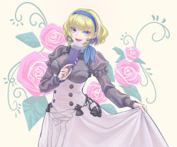 Rule 34 | 1girl, :d, beige background, blonde hair, blue eyes, blue hair, blue hairband, breasts, commentary request, constance von nuvelle, cowboy shot, fire emblem, fire emblem: three houses, flower, folding fan, garreg mach monastery uniform, grey shirt, hairband, hand fan, hand up, high-waist skirt, holding, holding fan, juliet sleeves, long sleeves, looking at viewer, medium breasts, multicolored hair, nintendo, open mouth, pink flower, pink rose, puffy sleeves, rose, shio robin, shirt, short hair, skirt, skirt hold, smile, solo, standing, white skirt