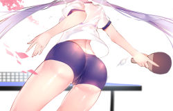 Rule 34 | 1girl, ass, bra visible through clothes, from behind, gym uniform, kamiya agari, purple hair, shakunetsu no takkyuu musume, solo, sweat, sweaty clothes, thighs, twintails, wet, wet clothes