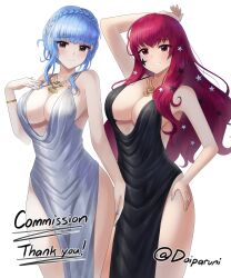 Rule 34 | 2girls, alternate costume, artist name, blue hair, breasts, cleavage, commission, doiparuni, facial mark, fire emblem, fire emblem: three houses, fire emblem engage, hair ornament, hand on own hip, highres, in-franchise crossover, jewelry, large breasts, marianne von edmund, multiple girls, necklace, nintendo, plunging neckline, red hair, side slit, simple background, smile, star (symbol), star facial mark, star hair ornament, thighs, yunaka (fire emblem)