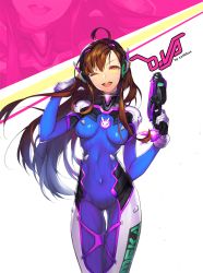 Rule 34 | 1girl, ;d, acronym, ahoge, animal print, armor, artist name, bodysuit, bracer, breasts, breasts apart, brown eyes, brown hair, buck teeth, character name, charm (object), clothes writing, contrapposto, covered erect nipples, covered navel, cowboy shot, d.va (overwatch), facepaint, facial mark, finger on trigger, glint, gloves, gun, hair flip, hand in own hair, handgun, hands up, headphones, high collar, holding, holding gun, holding weapon, legs together, long hair, long sleeves, looking at viewer, matching hair/eyes, medium breasts, one eye closed, open mouth, overwatch, overwatch 1, pauldrons, pilot suit, pistol, rabbit print, ribbed bodysuit, shoulder armor, shoulder pads, signature, simple background, skin tight, smile, solo, standing, swept bangs, teeth, thigh gap, thigh strap, turtleneck, very long hair, weapon, whisker markings, white background, white gloves, xxinainaxx, zoom layer