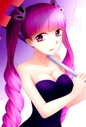 Rule 34 | 1girl, :o, artist request, bare arms, bare shoulders, black dress, breasts, cleavage, collarbone, dress, female focus, gradient background, highres, holding, large breasts, long hair, looking at viewer, neck, one piece, open mouth, perona, pink eyes, pink hair, solo, strapless, strapless dress, twintails, umbrella, upper body, very long hair