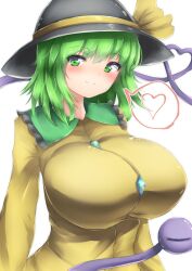 Rule 34 | 1girl, black hat, breasts, closed mouth, commentary request, fa kurin, green eyes, green hair, hat, hat ribbon, heart, heart of string, highres, huge breasts, komeiji koishi, looking at viewer, ribbon, shirt, short hair, simple background, smile, solo, spoken heart, third eye, touhou, upper body, white background, yellow ribbon, yellow shirt