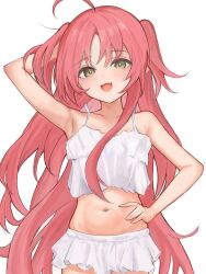 Rule 34 | 1girl, ahoge, arknights, arm behind head, arm up, armpits, bikini, fang, frilled bikini, frills, green eyes, ha (huton in mach), hand on own hip, highres, long hair, looking at viewer, midriff, myrtle (arknights), myrtle (summer flowers) (arknights), navel, open mouth, pink hair, smile, solo, stomach, swimsuit, two side up, very long hair, white bikini