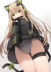 Rule 34 | 1girl, animal ear headphones, animal ears, bad id, bad pixiv id, black gloves, black jacket, black leotard, blush, bow, cameltoe, cat ear headphones, cat ears, cat girl, cat tail, character name, closed mouth, commentary, covered navel, fake animal ears, from below, girls&#039; frontline, gloves, gradient background, green bow, green eyes, grey background, groin, hair between eyes, headphones, highres, jacket, leotard, leotard under clothes, light brown hair, long hair, long sleeves, looking at viewer, looking down, mafuyu (chibi21), solo, tail, tail bow, tail ornament, thigh strap, tmp (girls&#039; frontline), very long hair, wavy mouth, white background