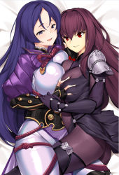 Rule 34 | 2girls, armor, ass, bare shoulders, black gloves, blush, bodysuit, grabbing another&#039;s breast, breasts, collarbone, dakimakura (medium), fate/grand order, fate (series), female focus, fingerless gloves, gloves, grabbing, hair between eyes, hair intakes, japanese armor, kote, large breasts, long hair, looking at viewer, low-tied long hair, minamoto no raikou (fate), multiple girls, open mouth, parted bangs, parted lips, pauldrons, purple bodysuit, purple eyes, purple hair, red eyes, ribbed sleeves, rope, scathach (fate), shoulder armor, smile, tony guisado, very long hair, yuri