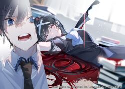 Rule 34 | 1boy, 1girl, black hair, blood, blood from mouth, bloody weapon, book, bow, bowtie, closed eyes, hair ornament, knife, long hair, lying, miwano rag, multiple views, necktie, novel illustration, official art, original, shirt, upper body, weapon, white bow, white bowtie, white shirt