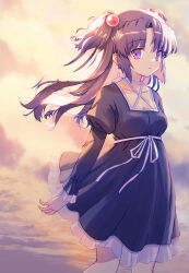 Rule 34 | 1girl, akayama yukihe, arm at side, backlighting, black dress, blue hair, blush, breasts, clannad, cleavage, collarbone, commentary, cowboy shot, criss-cross halter, dress, dusk, floating clothes, floating hair, frilled dress, frilled sleeves, frills, hair bobbles, hair ornament, halterneck, highres, ichinose kotomi, juliet sleeves, long hair, long sleeves, looking at viewer, medium breasts, official alternate costume, outdoors, parted bangs, parted lips, puffy sleeves, purple eyes, ribbon, sidelocks, solo, standing, two side up, white ribbon
