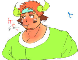 Rule 34 | 1boy, animal ears, bara, cow boy, cow ears, cow horns, cropped shirt, green shirt, half-closed eyes, heat pad, horns, hot, large pectorals, looking to the side, male focus, mouth hold, muscular, muscular male, pectoral cleavage, pectorals, pout, ragi san (ononokomachiimo), shirt, short hair, sick, solo, thermometer, tokyo houkago summoners, translation request, wakan tanka
