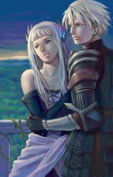 Rule 34 | 1boy, 1girl, arm grab, holding another&#039;s arm, armor, balcony, balustrade, bare shoulders, couple, detached sleeves, dress, forest, gwendolyn (odin sphere), hetero, long hair, nature, nemi, odin sphere, aged up, oswald, strapless, strapless dress, tendril, twilight, valkyrie, white hair, wood