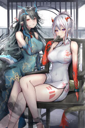 Rule 34 | 2girls, absurdres, aqua dress, arknights, bare shoulders, black hair, breasts, china dress, chinese clothes, commentary request, covered navel, crossed legs, dress, dusk (arknights), dusk (everything is a miracle) (arknights), folding fan, hand fan, hand up, highres, holding, holding fan, horns, large breasts, long hair, looking at viewer, multiple girls, nian (arknights), nian (unfettered freedom) (arknights), orange eyes, pointy ears, poni (poni arknights), purple eyes, sitting, sleeveless, sleeveless dress, smile, thighs, very long hair, white dress, white hair