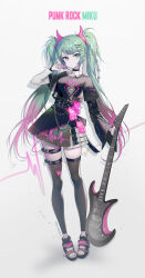 Rule 34 | 1girl, absurdres, alternate costume, aqua eyes, aqua hair, asymmetrical sleeves, belt, breasts, choker, closed mouth, collared shirt, contrapposto, electric guitar, fake horns, full body, guitar, hair ornament, hairclip, hatsune miku, high-waist skirt, highres, horns, instrument, jewelry, layered sleeves, long hair, long sleeves, looking at viewer, medium bangs, medium breasts, miniskirt, necklace, punk, sandals, shirt, short over long sleeves, short sleeves, simple background, skirt, solo, soyoong jun, standing, thigh strap, thighhighs, twintails, very long hair, vocaloid, white background, zettai ryouiki