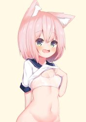 Rule 34 | 1girl, absurdres, animal ear fluff, animal ears, arm behind back, beige background, blush, bottomless, breasts, cat ears, clothes lift, commentary request, green eyes, groin, hair between eyes, highres, lifted by self, medium hair, memekko, naughty face, navel, original, out-of-frame censoring, pink hair, shirt, shirt lift, simple background, small breasts, solo, sports bra, stomach, sweat, undressing, upper body, wet, wet bra, wet clothes, white shirt