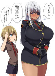 Rule 34 | 1boy, 1girl, age difference, aqua eyes, blonde hair, blush, breasts, dark skin, eyepatch, flying sweatdrops, frown, gigantic breasts, gloves, highres, huge breasts, kloah, long hair, purple eyes, salute, short hair, silver hair, simple background, thick thighs, thighs, translation request, white background