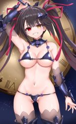 Rule 34 | 1girl, alternate costume, ana (vvvvor), arm up, armor, armored boots, armpits, bare shoulders, bikini armor, blush, boots, breasts, brown hair, carrying over shoulder, clock, clock eyes, cowboy shot, date a live, detached collar, flower, gluteal fold, grin, groin, hair ribbon, heterochromia, holding, large breasts, long hair, looking at viewer, midriff, navel, purple flower, purple rose, red eyes, red ribbon, revealing clothes, ribbon, roman numeral, rose, smile, solo, symbol-shaped pupils, thighhighs, tokisaki kurumi, twintails, very long hair, yellow eyes
