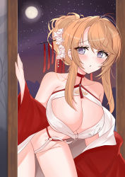 Rule 34 | 1girl, absurdres, azur lane, bare shoulders, blonde hair, blue eyes, breasts, cleavage, dress, flower, full moon, glorious (azur lane), glorious (pungent plum) (azur lane), hair flower, hair ornament, hair stick, highres, kanzashi, large breasts, leaning forward, looking at viewer, moon, neckwear request, night, official alternate costume, open clothes, open dress, parfait desu, red dress, solo, wakamezake, white flower, wide sleeves