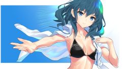 Rule 34 | 1girl, bikini, blue eyes, blue hair, blush, breasts, byleth (female) (fire emblem), byleth (fire emblem), dolling60883582, dollinger, fire emblem, fire emblem: three houses, hair ornament, highres, looking at viewer, medium breasts, navel, nintendo, simple background, smile, solo, swimsuit, upper body