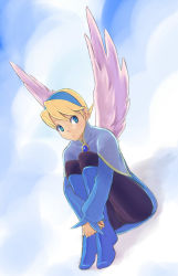 Rule 34 | 1girl, angel wings, blonde hair, blue footwear, boots, breasts, breath of fire, breath of fire iv, dress, full body, hairband, knee boots, nina (breath of fire iv), nyantiu, pantyhose, short hair, skirt, solo, staff, white wings, wings