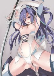 Rule 34 | 1girl, blue hair, breastless clothes, breasts, elbow gloves, gloves, gluteal fold, grey background, highres, holding, holding sword, holding weapon, kazanari tsubasa, long hair, looking at viewer, navel, nipples, open mouth, purple eyes, revealing clothes, senki zesshou symphogear, shiny skin, side ponytail, simple background, small breasts, solo, spread legs, sword, tamahiyo, thighhighs, thighs, weapon