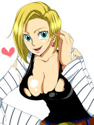 Rule 34 | 1girl, android 18, blonde hair, blue eyes, breasts, chiroru shimai, cleavage, dragon ball, dragonball z, earrings, female focus, heart, jewelry, no bra, short hair, simple background, smile, solo, torn clothes, upper body, white background