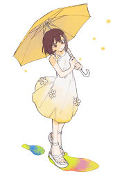 Rule 34 | 1girl, ankle strap, brown eyes, brown hair, clothes lift, collarbone, colorful, dot nose, dress, dress lift, flower, full body, gradient dress, hair between eyes, halftone, highres, holding, holding umbrella, impressionism, light blush, looking up, minamip, parted lips, project sekai, puddle, sandals, shade, shinonome ena, short hair, simple background, sleeveless, sleeveless dress, solo, standing, sundress, umbrella, white background, white dress, white flower, wide-eyed, yellow dress