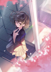 Rule 34 | 1girl, breasts, brown eyes, brown hair, cherry blossoms, commentary request, from above, glasses, highres, jacket, looking at viewer, messy hair, necktie, open clothes, open jacket, original, parted lips, pleated skirt, school, short hair, skirt, small breasts, spring (season), standing, sweater vest, thighhighs, wind, window, yoruillust, zettai ryouiki