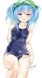 Rule 34 | 1girl, arm at side, bad id, bad pixiv id, bare shoulders, blue hair, blue one-piece swimsuit, blush, breasts, covered navel, eyebrows, green hat, hair bobbles, hair ornament, hand on own thigh, hat, highres, kawashiro nitori, looking at viewer, maremay0513, medium breasts, one-piece swimsuit, open mouth, school swimsuit, shiny clothes, sidelocks, signature, simple background, skin tight, solo, swimsuit, touhou, two side up, water drop, wet, wet clothes, white background
