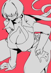 1girl ass bent_over breasts cleavage cleavage_cutout clothes_lift clothing_cutout curvy dress female_focus fishnets huge_ass huge_breasts jacket kemonono_(inchiki_dou) large_breasts licking long_hair pale_skin panties ponytail shermie_(kof) skirt skirt_lift the_king_of_fighters thick_thighs thighs tight_clothes tongue tongue_out underwear wide_hips