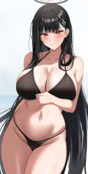 Rule 34 | 1girl, absurdres, bikini, black bikini, black hair, blue archive, blush, breasts, cleavage, collarbone, green eyes, halo, halterneck, highres, k 0art, large breasts, long hair, looking at viewer, navel, red eyes, rio (blue archive), simple background, skindentation, solo, string bikini, swimsuit, very long hair, white background