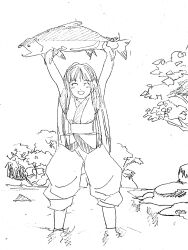 Rule 34 | 1girl, ainu clothes, arms up, breasts, carrying, closed eyes, fish, hair ribbon, happy, highres, legs, long hair, looking at viewer, medium breasts, monochrome, nakoruru, nature, open mouth, pants, ribbon, samurai spirits, sketch, smile, snk, solo, the king of fighters, thighs, traditional media, water