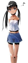 Rule 34 | 1girl, arms behind back, bare shoulders, black hair, blue skirt, blush, long hair, looking to the side, musical note, quaver, shirt, short hair, short twintails, simple background, skirt, sleeveless, sleeveless shirt, smile, solo, standing, twintails, ueda sanagi, white background, white shirt