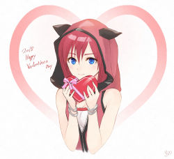 Rule 34 | 1girl, 2018, bare shoulders, blue eyes, bracelet, candy, chocolate, chocolate heart, closed mouth, eyelashes, food, gogo (detteiu de), hair between eyes, hands up, happy valentine, heart, highres, holding, hood, jewelry, kairi (kingdom hearts), kingdom hearts, kingdom hearts iii, medium hair, red hair, signature, sleeveless, smile, solo, upper body, valentine, white background