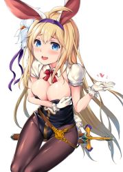 Rule 34 | 10s, :d, ahoge, akanagi youto, animal ears, areola slip, blonde hair, blue eyes, blush, breast hold, breasts, brown pantyhose, cleavage, embarrassed, fake animal ears, flower, fur trim, gloves, granblue fantasy, hair flower, hair ornament, hair ribbon, hairband, heart, highres, jeanne d&#039;arc (granblue fantasy), large breasts, leotard, long hair, open mouth, pantyhose, playboy bunny, rabbit ears, rabbit tail, ribbon, simple background, sitting, smile, solo, sword, tail, very long hair, weapon, white background, white gloves