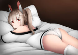 Rule 34 | 1girl, absurdres, ass, ayanami (azur lane), ayanami (niconico) (azur lane), azur lane, bed, blonde hair, catbab, highres, looking at viewer, lying, official alternate costume, on stomach, panties, ponytail, red eyes, self-upload, shirt, single sock, socks, solo, underwear, white panties, white shirt